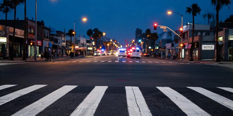 Pre-dawn Long Beach intersection with a marked crosswalk lit by street lamps in the foreground and emergency vehicles blurred far in the background.