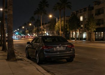 Quiet West Hollywood street corner at night under street lamps, a lone parked sedan at the curb beside palm trees and low-rise buildings.