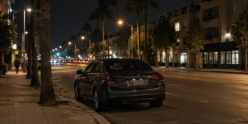 Quiet West Hollywood street corner at night under street lamps, a lone parked sedan at the curb beside palm trees and low-rise buildings.
