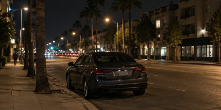 Quiet West Hollywood street corner at night under street lamps, a lone parked sedan at the curb beside palm trees and low-rise buildings.