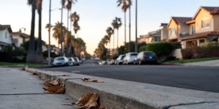 Quiet residential street in Santa Monica at early evening, with palm trees and a sidewalk with dry leaves in the foreground and softly blurred houses behind.
