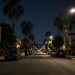 Quiet residential street of apartment buildings and palm trees in West Hollywood at night under street lamps, seen from the middle of the block.
