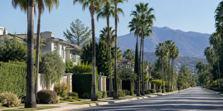 Quiet residential street of large hillside homes and palm trees in Tarzana in neutral morning daylight, seen from a long-lens view down the block.