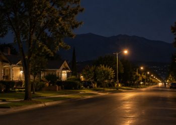 Quiet residential street of older bungalows and mature trees in Monrovia at night under street lamps, with the dark San Gabriel foothills beyond.