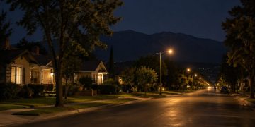 Quiet residential street of older bungalows and mature trees in Monrovia at night under street lamps, with the dark San Gabriel foothills beyond.