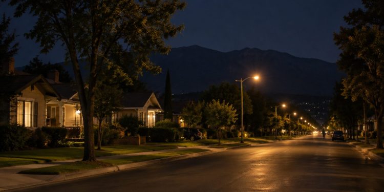 Quiet residential street of older bungalows and mature trees in Monrovia at night under street lamps, with the dark San Gabriel foothills beyond.