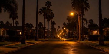 Quiet residential street of older bungalows and palm trees in the California Heights area of Long Beach at night under street lamps.