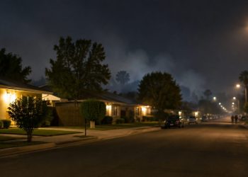 Quiet residential street of single-story homes and mature trees in West Covina at night, with a faint haze of smoke over the rooftops.