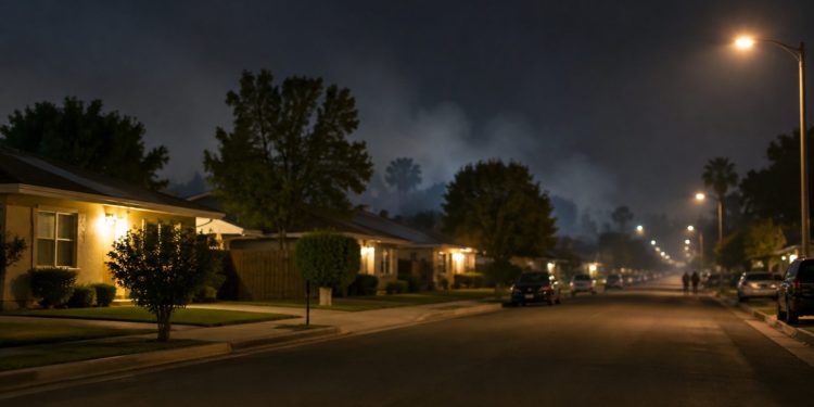 Quiet residential street of single-story homes and mature trees in West Covina at night, with a faint haze of smoke over the rooftops.
