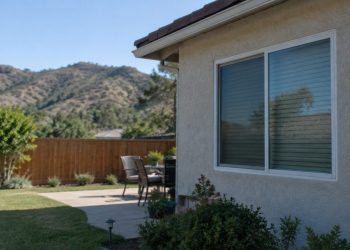 Rear of a single-story stucco house in Newbury Park with a closed kitchen window above a backyard patio and a wood fence in early-afternoon daylight.