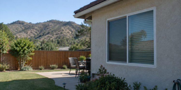Rear of a single-story stucco house in Newbury Park with a closed kitchen window above a backyard patio and a wood fence in early-afternoon daylight.