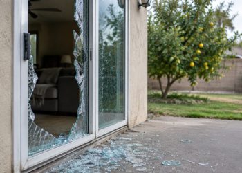 Rear of a suburban house in the San Fernando Valley with a shattered sliding glass door and glass fragments on the patio in afternoon daylight.
