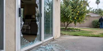 Rear of a suburban house in the San Fernando Valley with a shattered sliding glass door and glass fragments on the patio in afternoon daylight.