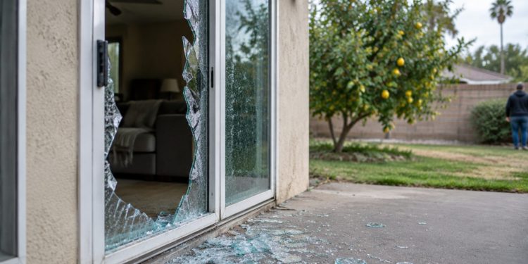 Rear of a suburban house in the San Fernando Valley with a shattered sliding glass door and glass fragments on the patio in afternoon daylight.