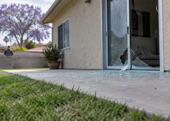 Rear patio of a single-story stucco home in Woodland Hills with a shattered sliding glass door and glass fragments on the concrete in daylight.