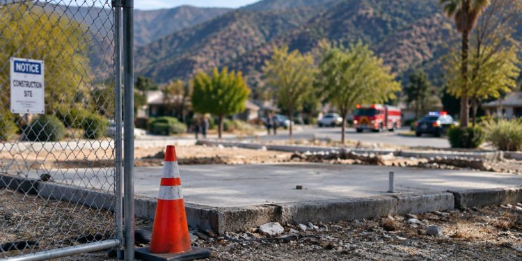 Rebuilding site in Altadena with a bare concrete foundation and temporary fencing in focus, foothills softly blurred behind, illustrating Eaton Fire recovery.