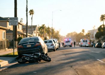 Residential street in Inglewood on a clear afternoon, with a small damaged motorbike beside a parked car and emergency vehicles blurred far behind.