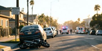 Residential street in Inglewood on a clear afternoon, with a small damaged motorbike beside a parked car and emergency vehicles blurred far behind.