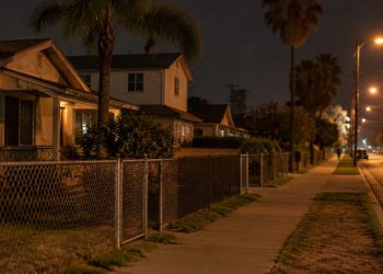 Residential street in Westmont at night with stucco homes, palm trees and an empty sidewalk under street lamps, seen from a long-lens view.
