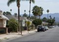 Residential street of older stucco bungalows and palm trees in North Hollywood in neutral daylight, seen at eye level with a long lens.
