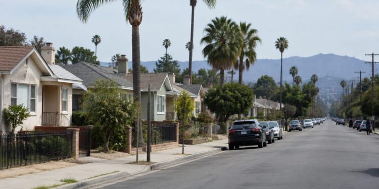 Residential street of older stucco bungalows and palm trees in North Hollywood in neutral daylight, seen at eye level with a long lens.
