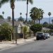 Residential street of older stucco bungalows and palm trees in North Hollywood in neutral daylight, seen at eye level with a long lens.