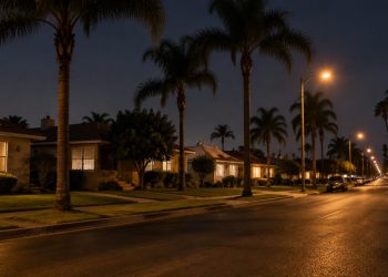 Residential street of single-story stucco homes and palm trees in Santa Ana at night, lit by street lamps, with a front lawn in the foreground.