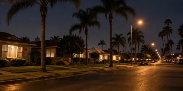Residential street of single-story stucco homes and palm trees in Santa Ana at night, lit by street lamps, with a front lawn in the foreground.