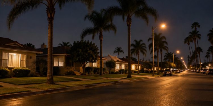 Residential street of single-story stucco homes and palm trees in Santa Ana at night, lit by street lamps, with a front lawn in the foreground.