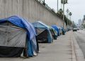 Row of tents along a sidewalk beside a concrete freeway retaining wall in San Diego in neutral daylight, seen with a long lens down the block.