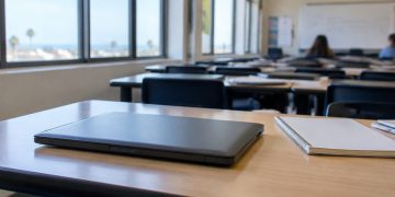 Rows of closed student laptops on desks in an empty Southern California classroom in afternoon daylight, illustrating the student data breach.