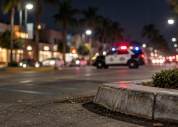 Santa Monica Boulevard in West Hollywood at night, with a curb in sharp focus and a patrol SUV blurred in the background under street lamps.