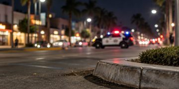 Santa Monica Boulevard in West Hollywood at night, with a curb in sharp focus and a patrol SUV blurred in the background under street lamps.