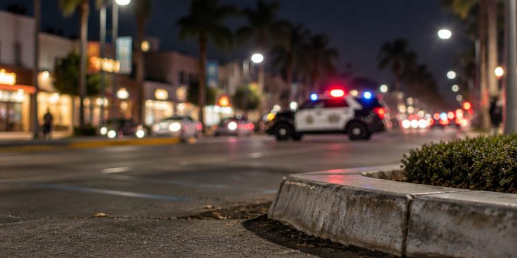 Santa Monica Boulevard in West Hollywood at night, with a curb in sharp focus and a patrol SUV blurred in the background under street lamps.