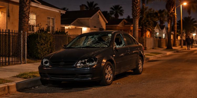 Sedan with a shattered windshield, broken headlights and smashed driver's-side window parked on a narrow South Los Angeles residential street at night.