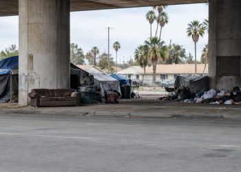 Shaded space beneath a concrete overpass in Arleta with tarp shelters, a worn sofa, a generator and piles of trash in neutral daylight.