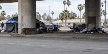 Shaded space beneath a concrete overpass in Arleta with tarp shelters, a worn sofa, a generator and piles of trash in neutral daylight.
