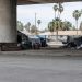 Shaded space beneath a concrete overpass in Arleta with tarp shelters, a worn sofa, a generator and piles of trash in neutral daylight.