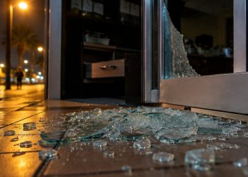 Shattered glass pieces on the tile floor at the threshold of a restaurant's glass door at night in Arcadia, lit by a nearby street lamp.