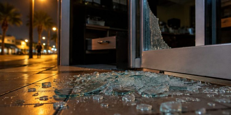 Shattered glass pieces on the tile floor at the threshold of a restaurant's glass door at night in Arcadia, lit by a nearby street lamp.