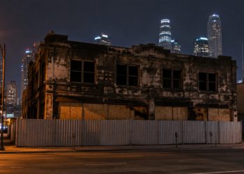 Soot-stained two-story commercial row with boarded openings and metal barriers on a downtown Los Angeles street at night under street lamps.