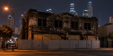 Soot-stained two-story commercial row with boarded openings and metal barriers on a downtown Los Angeles street at night under street lamps.