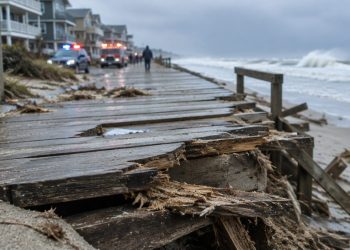 Splintered boardwalk planks in sharp focus on Seaside Walk, with oceanfront homes and the churning sea blurred in daylight on the Long Beach Peninsula.