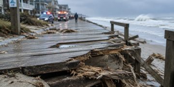 Splintered boardwalk planks in sharp focus on Seaside Walk, with oceanfront homes and the churning sea blurred in daylight on the Long Beach Peninsula.