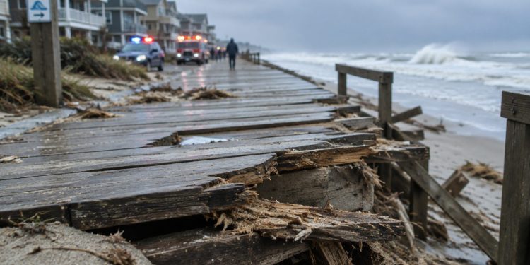 Splintered boardwalk planks in sharp focus on Seaside Walk, with oceanfront homes and the churning sea blurred in daylight on the Long Beach Peninsula.