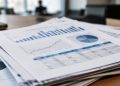 Stacked campaign finance documents with sharp focus on top pages and blurred papers below, illustrating the November 2026 Los Angeles mayoral runoff.