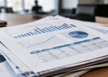 Stacked campaign finance documents with sharp focus on top pages and blurred papers below, illustrating the November 2026 Los Angeles mayoral runoff.