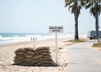 Stacked sandbags on a Southern California beach in hot, hazy daylight, with 3-to-5-foot surf breaking in the blurred background.