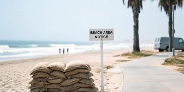 Stacked sandbags on a Southern California beach in hot, hazy daylight, with 3-to-5-foot surf breaking in the blurred background.