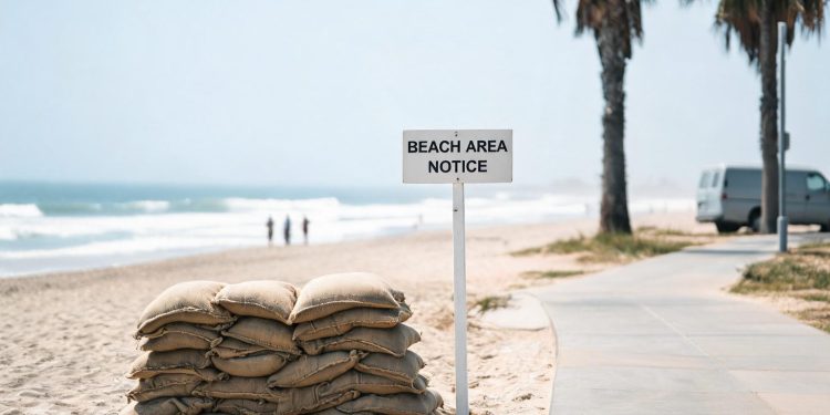 Stacked sandbags on a Southern California beach in hot, hazy daylight, with 3-to-5-foot surf breaking in the blurred background.